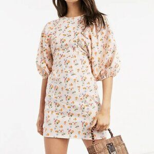 ASOS Cotton Poplin Mini Dress With Puff Sleeves in Ditsy Floral